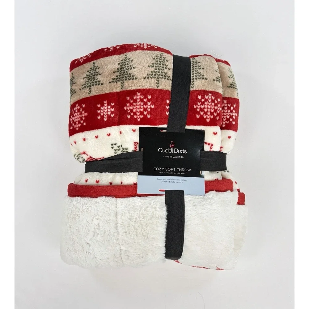 Cuddl Duds Holiday Red Truck Tree Throw Blanket Reversible Cream Red 50x60